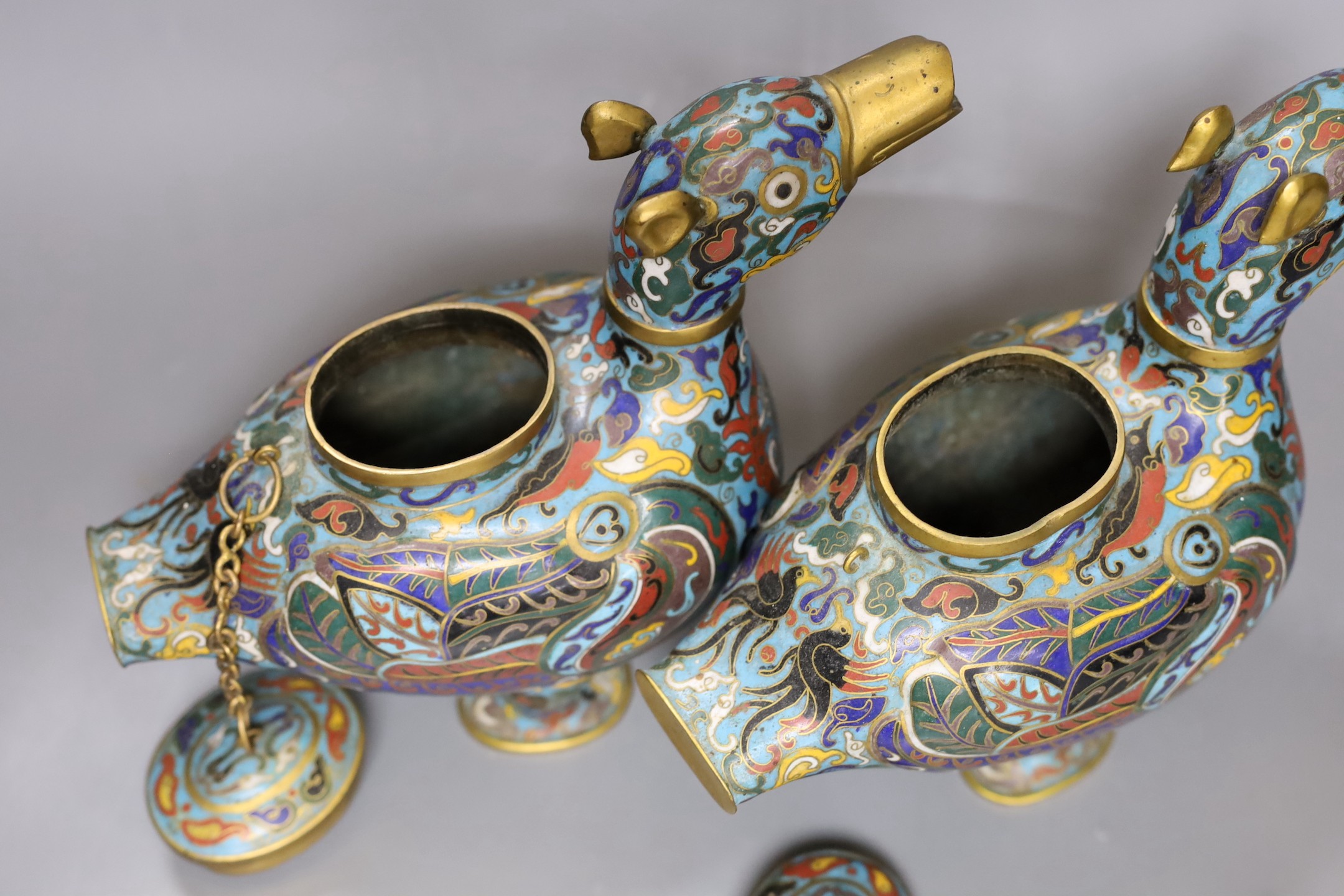 A pair of 20th century Chinese cloisonné enamel ‘duck’ vessels, 20cm